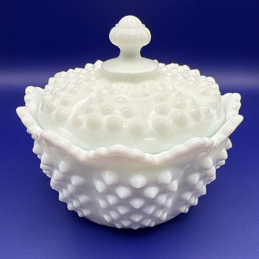 Vintage Fenton White Hobnail Milk Glass Candy Dish w/ Handle and Lid Grandma